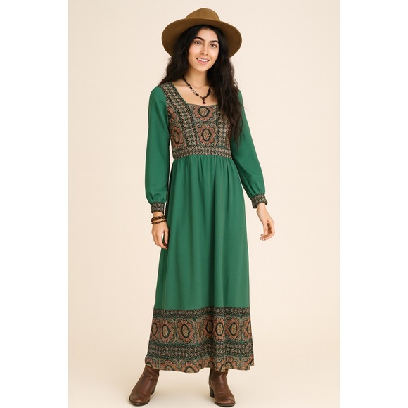 Womens Green Chiffon Vintage  70s Boho Hippie Festival Maxi Dress Size Small - Picture 1 of 6